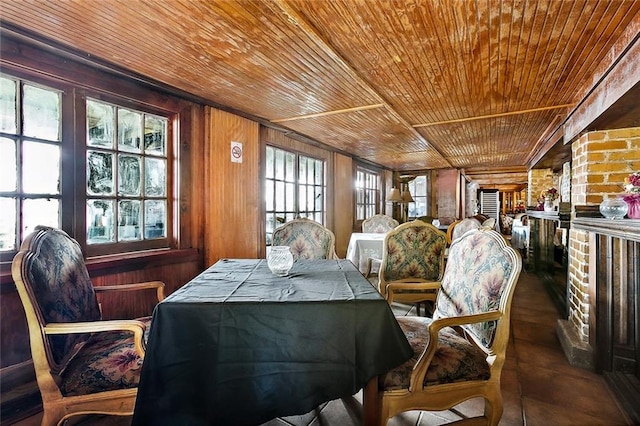 dining area with wood ceiling and wooden walls