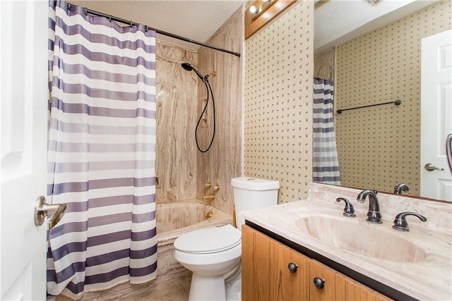 64 Fairway View Dr Unit 1, Hammond, LA 70401 - bathroom with toilet, a textured ceiling, shower / bathtub combination with curtain, and vanity
