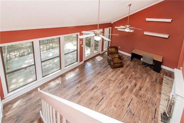 64 Fairway View Dr Unit 1, Hammond, LA 70401 - interior space featuring wood finished floors, ceiling fan, lofted ceiling, and crown molding