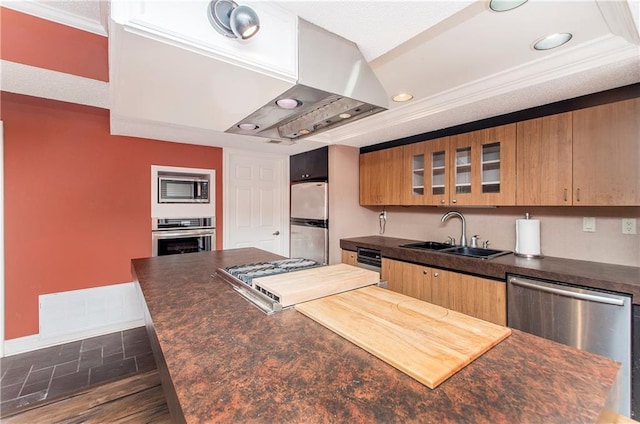 64 Fairway View Dr Unit 1, Hammond, LA 70401 - kitchen with glass insert cabinets, stainless steel appliances, extractor fan, dark countertops, and a sink