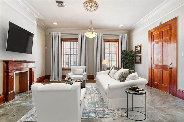 living room with ornamental molding