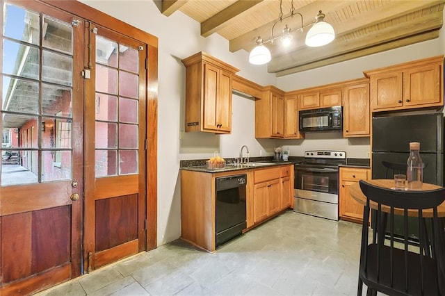 kitchen featuring wood ceiling, black appliances, beamed ceiling, and a wealth of natural light