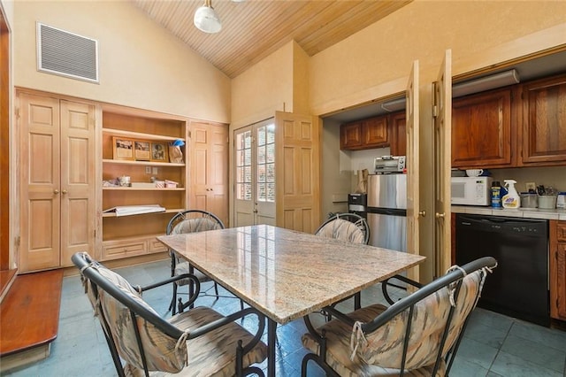 dining room featuring dark hardwood / wood-style floors, high vaulted ceiling, and wooden ceiling