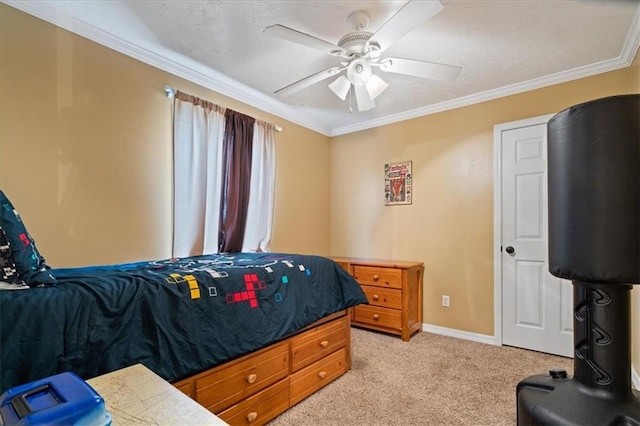 bedroom with light colored carpet, ceiling fan, and crown molding