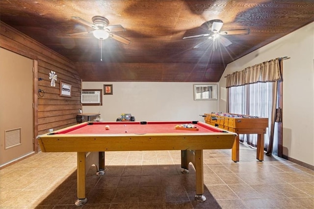 recreation room with pool table, a wall unit AC, ceiling fan, tile patterned floors, and vaulted ceiling