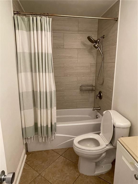 full bathroom featuring vanity, shower / tub combo with curtain, tile patterned flooring, and toilet