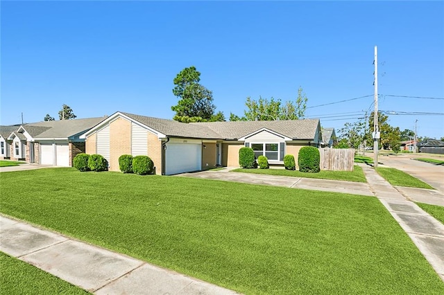 single story home with a front yard and a garage