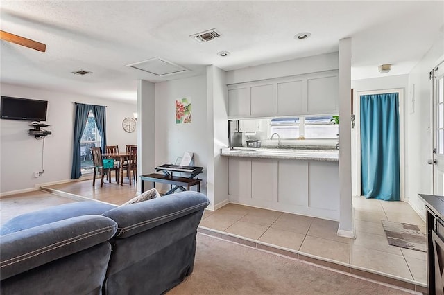 living room featuring light carpet and sink