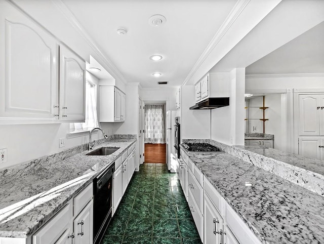 kitchen with ornamental molding, white cabinetry, black dishwasher, and light stone countertops