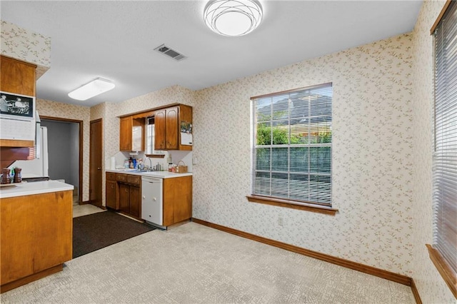 kitchen with sink and light colored carpet