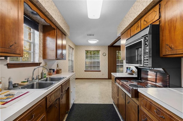 kitchen featuring dishwasher, sink, light colored carpet, and plenty of natural light