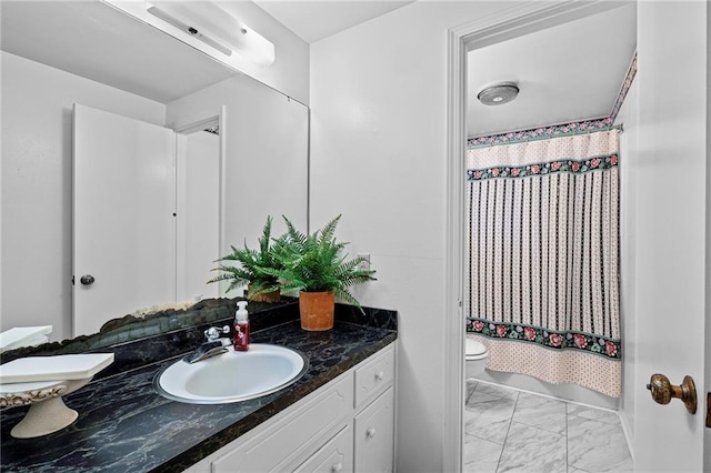 full bath with marble finish floor, vanity, toilet, and shower / tub combo with curtain