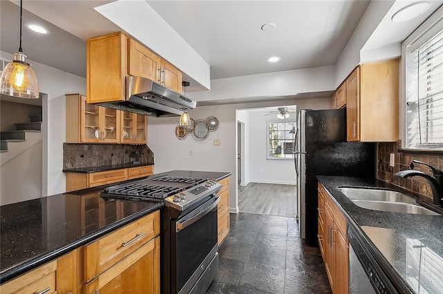 kitchen with sink, ventilation hood, appliances with stainless steel finishes, and plenty of natural light