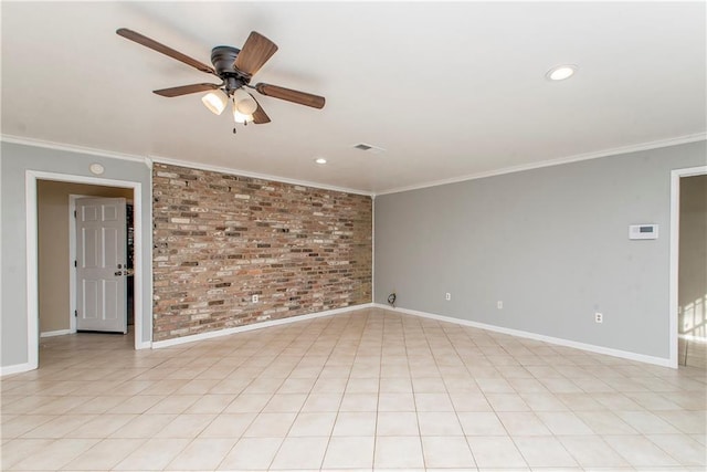 20 Silman Ave, Hammond, LA 70403 - spare room featuring brick wall, ceiling fan, crown molding, baseboards, and recessed lighting