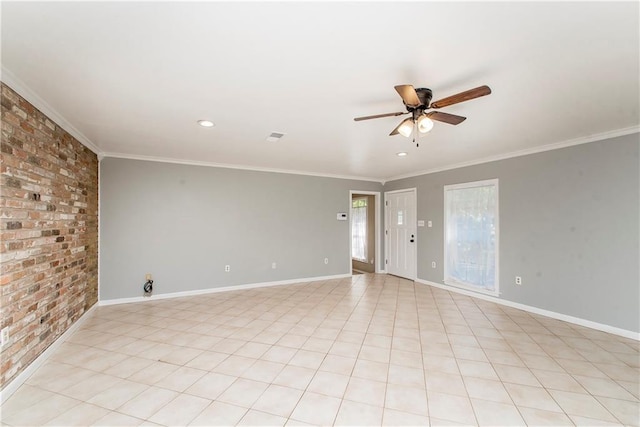 20 Silman Ave, Hammond, LA 70403 - spare room featuring brick wall, ceiling fan, crown molding, baseboards, and recessed lighting
