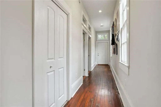 hall with dark wood-type flooring and a healthy amount of sunlight