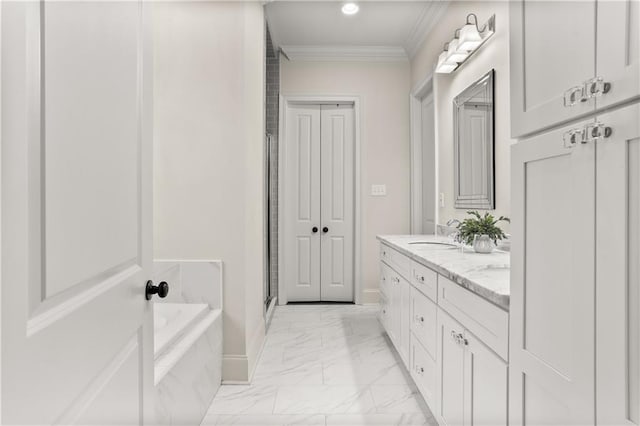 bathroom featuring vanity, crown molding, and shower with separate bathtub