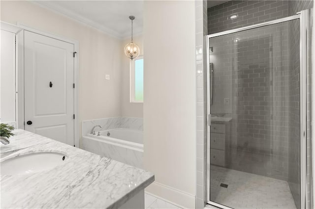 bathroom featuring vanity, independent shower and bath, and ornamental molding