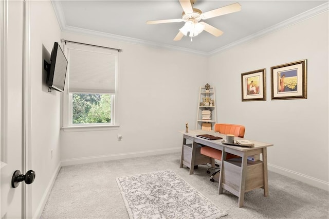 carpeted office space with ceiling fan and ornamental molding