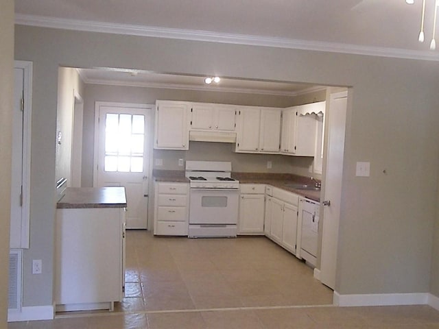 kitchen featuring white cabinetry, sink, ornamental molding, light tile patterned floors, and white appliances