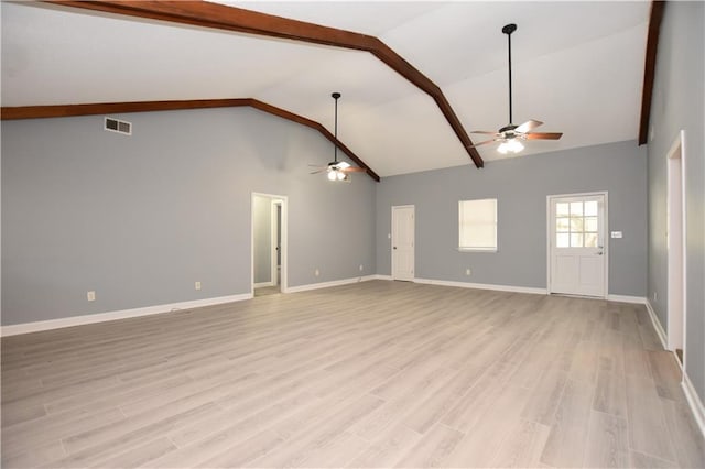 unfurnished living room featuring ceiling fan, light hardwood / wood-style floors, beamed ceiling, and high vaulted ceiling