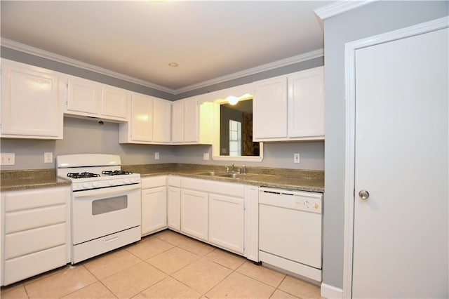 kitchen with white cabinets, ornamental molding, sink, and white appliances