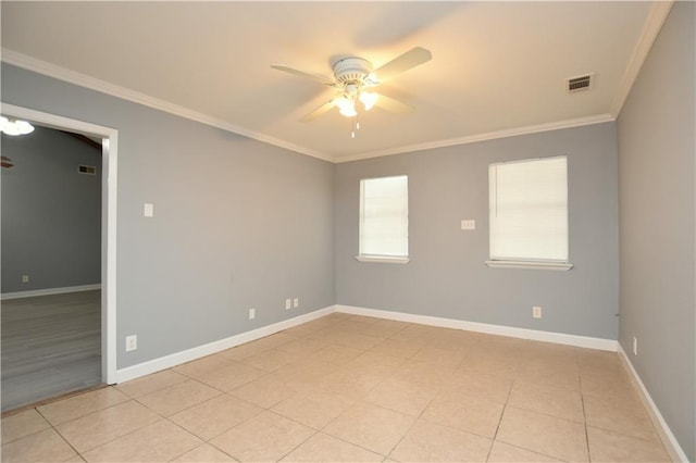 empty room with light tile patterned flooring, ceiling fan, and ornamental molding