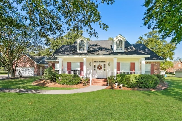 cape cod house with a front yard and covered porch