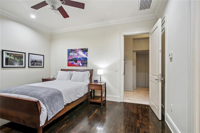 bedroom featuring ceiling fan, crown molding, and dark hardwood / wood-style flooring