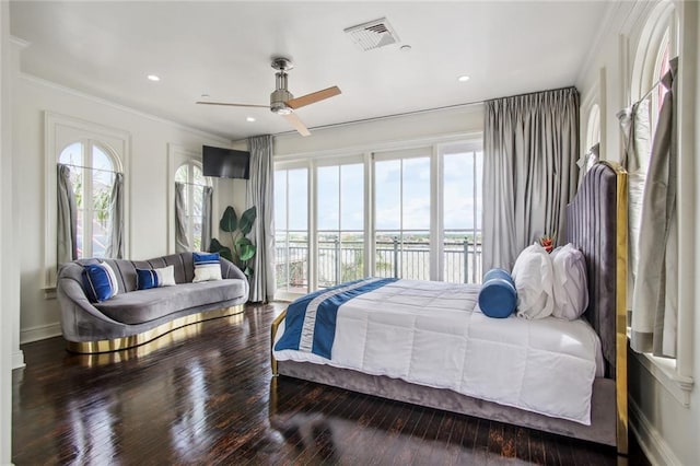 bedroom with access to outside, multiple windows, wood-type flooring, and ceiling fan