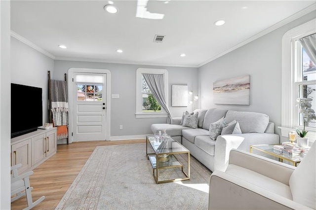 living room with ornamental molding, light hardwood / wood-style flooring, and a healthy amount of sunlight