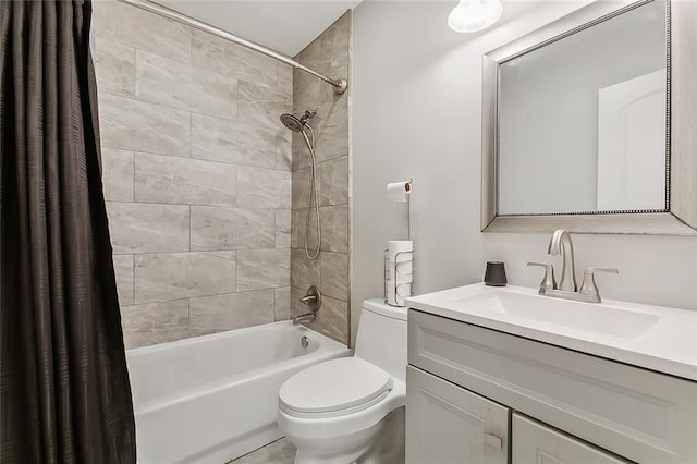 full bathroom featuring toilet, shower / tub combo with curtain, and vanity