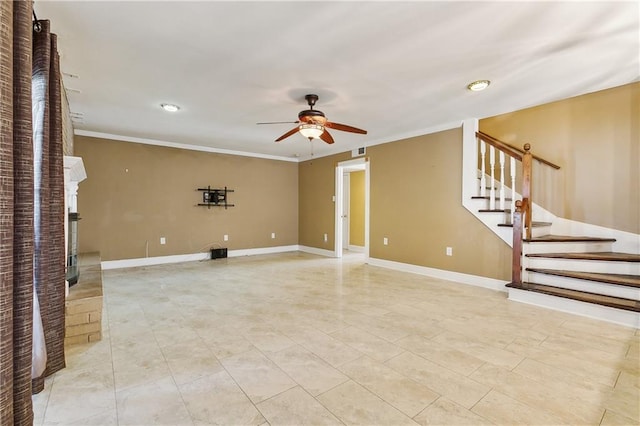 unfurnished living room with ceiling fan, ornamental molding, and a fireplace