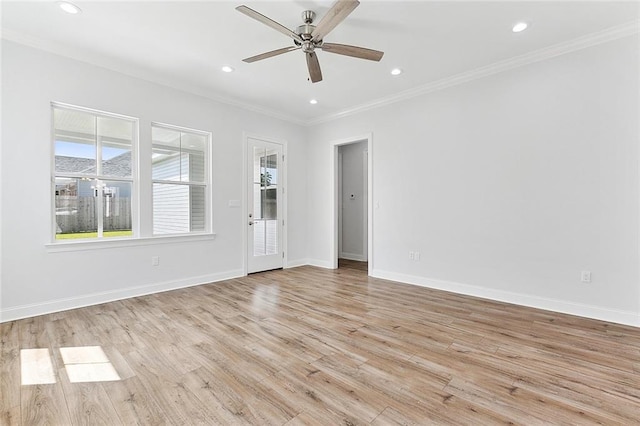 unfurnished room featuring crown molding, ceiling fan, and light hardwood / wood-style floors