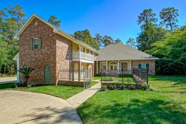 view of front of house with brick siding, a fenced front yard, a front lawn, and a balcony