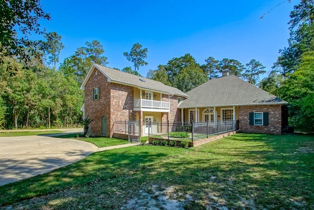 view of front of property with a porch and a front lawn