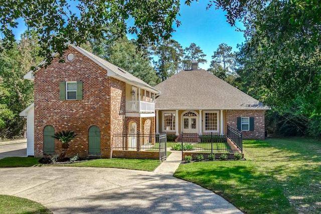 view of front of home with a front yard and a balcony