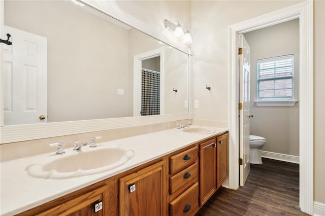 bathroom featuring vanity, toilet, and hardwood / wood-style flooring