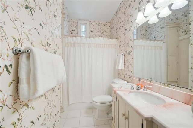 full bathroom featuring vanity, toilet, shower / bathtub combination with curtain, and tile patterned flooring