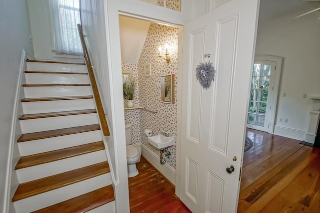 stairs with a notable chandelier, wood-type flooring, and a healthy amount of sunlight