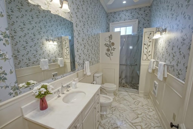 bathroom with toilet, a bidet, crown molding, vanity, and an enclosed shower