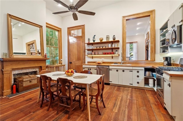 dining room featuring a healthy amount of sunlight, sink, light wood-type flooring, and ceiling fan