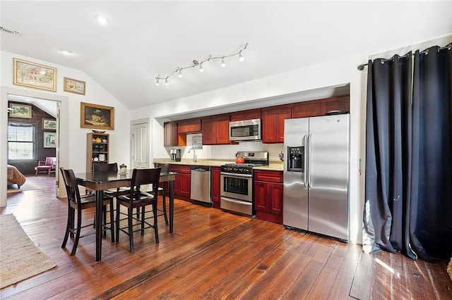 kitchen with lofted ceiling, sink, appliances with stainless steel finishes, and dark hardwood / wood-style floors