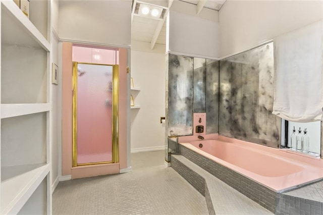 bathroom with tile patterned flooring and independent shower and bath