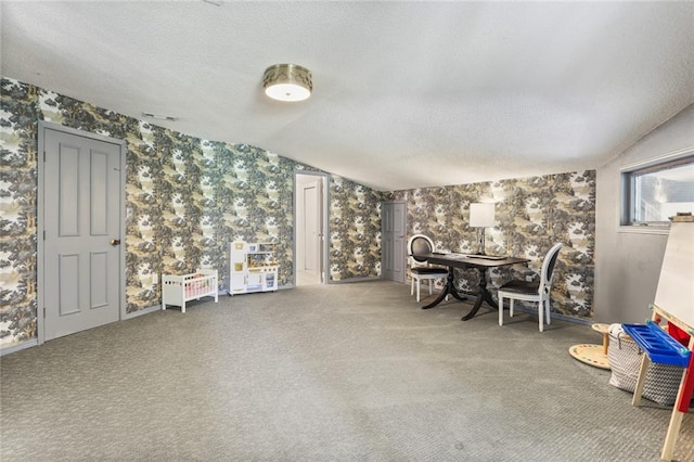 interior space with carpet floors, lofted ceiling, and a textured ceiling