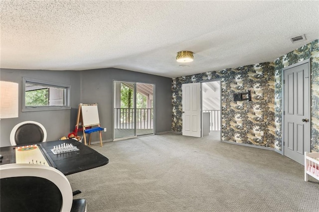 exercise area featuring a textured ceiling, vaulted ceiling, and carpet floors