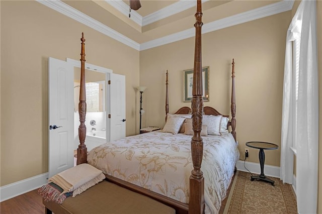 bedroom with ceiling fan, ornamental molding, and wood-type flooring