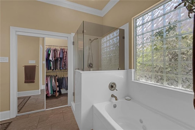 bathroom featuring crown molding, independent shower and bath, and tile patterned flooring