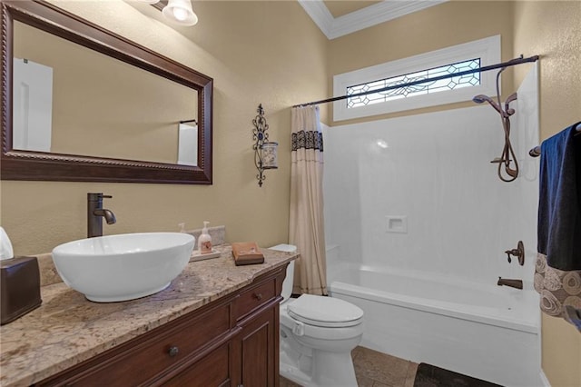 full bathroom with toilet, tile patterned flooring, shower / bath combo with shower curtain, ornamental molding, and vanity