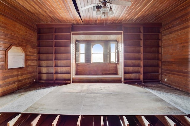 entrance foyer with wood walls, wooden ceiling, and ceiling fan